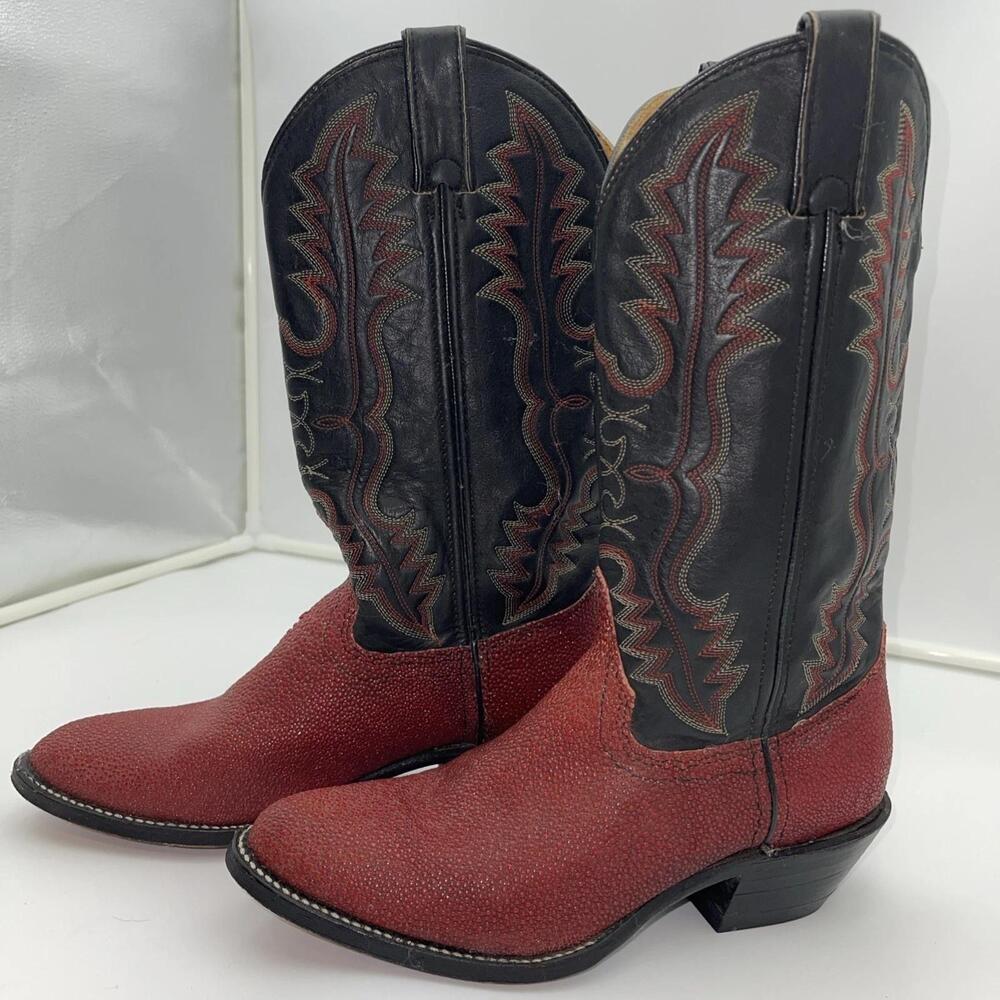 HH Western Cowboy Boots Mens Size 8D Red Stingray Leather Black Shaft USA 3204